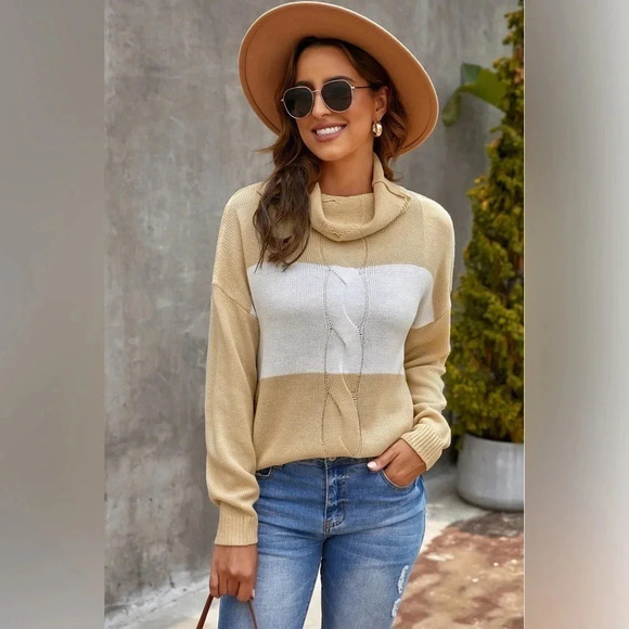 Colorblock Cable Knit Long Sleeve Pullover Top Cowl Neck Sweater - Picture 1 of 5